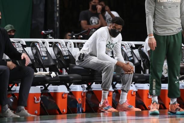 Giannis Antetokounmpo of the Milwaukee Bucks looks on during Game 5 of the Eastern Conference Finals of the 2021 NBA Playoffs on July 1, 2021 at the...