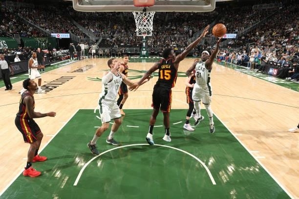 Jrue Holiday of the Milwaukee Bucks drives to the basket against the Atlanta Hawks during Game 5 of the Eastern Conference Finals of the 2021 NBA...