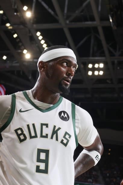 Bobby Portis of the Milwaukee Bucks looks on during Game 5 of the Eastern Conference Finals of the 2021 NBA Playoffs on July 1, 2021 at the Fiserv...