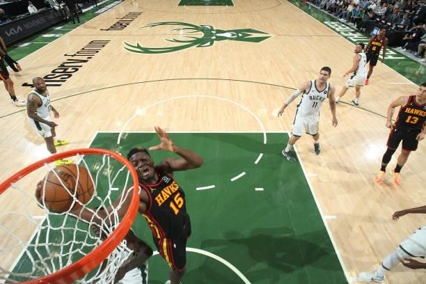 Clint Capela of the Atlanta Hawks drives to the basket against the Milwaukee Bucks during Game 5 of the Eastern Conference Finals of the 2021 NBA...