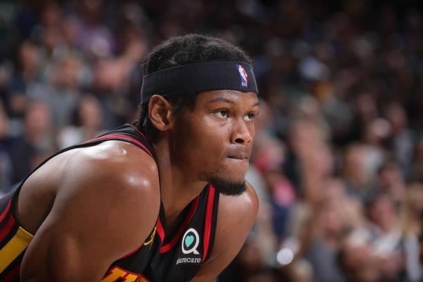 Cam Reddish of the Atlanta Hawks looks on during Game 5 of the Eastern Conference Finals of the 2021 NBA Playoffs on July 1, 2021 at the Fiserv Forum...