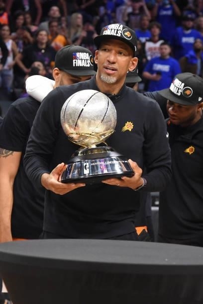 Head Coach Monty Williams of the Phoenix Suns holds the Western Conference Finals Trophy after the game against the LA Clippers during Game 6 of the...