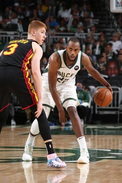 Khris Middleton of the Milwaukee Bucks dribbles the ball during Game 5 of the Eastern Conference Finals of the 2021 NBA Playoffs on July 1, 2021 at...