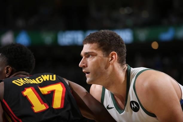Brook Lopez of the Milwaukee Bucks looks on during Game 5 of the Eastern Conference Finals of the 2021 NBA Playoffs on July 1, 2021 at the Fiserv...