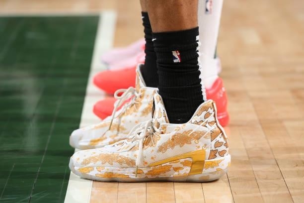 The sneakers of John Collins of the Atlanta Hawks during Game 5 of the Eastern Conference Finals of the 2021 NBA Playoffs on July 1, 2021 at the...