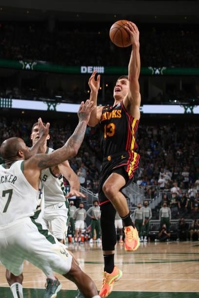 Bogdan Bogdanovic of the Atlanta Hawks shoots the ball against the Milwaukee Bucks during Game 5 of the Eastern Conference Finals of the 2021 NBA...