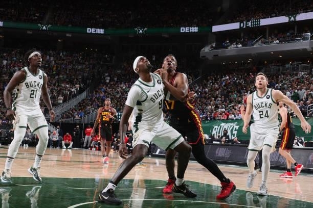 Bobby Portis of the Milwaukee Bucks and Onyeka Okongwu of the Atlanta Hawks fight for position during Game 5 of the Eastern Conference Finals of the...