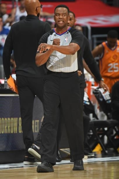 Referee Sean Wright looks on during the game between the Phoenix Suns and LA Clippers during Game 6 of the Western Conference Finals of the 2021 NBA...