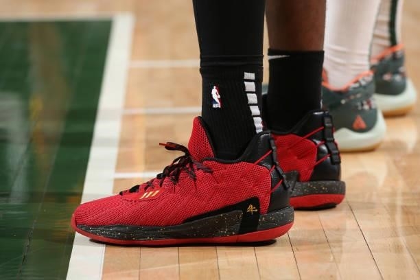 The sneakers of Onyeka Okongwu of the Atlanta Hawks during Game 5 of the Eastern Conference Finals of the 2021 NBA Playoffs on July 1, 2021 at the...