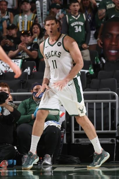 Brook Lopez of the Milwaukee Bucks celebrates during Game 5 of the Eastern Conference Finals of the 2021 NBA Playoffs on July 1, 2021 at the Fiserv...