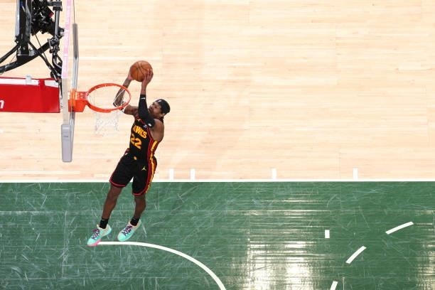 Cam Reddish of the Atlanta Hawks dunks the ball against the Milwaukee Bucks during Game 5 of the Eastern Conference Finals of the 2021 NBA Playoffs...