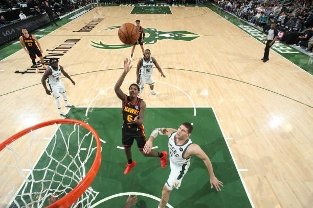 Lou Williams of the Atlanta Hawks shoots the ball against the Milwaukee Bucks during Game 5 of the Eastern Conference Finals of the 2021 NBA Playoffs...