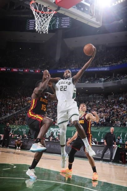 Khris Middleton of the Milwaukee Bucks drives to the basket against the Atlanta Hawks during Game 5 of the Eastern Conference Finals of the 2021 NBA...