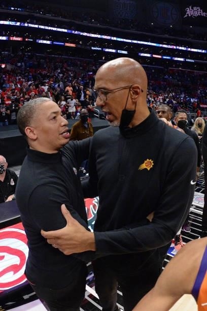 Head Coach Tyronn Lue of the Los Angeles Clippers hugs Head Coach Monty Williams of the Phoenix Suns after the game during Game 6 of the Western...