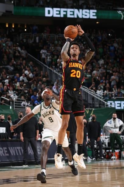 John Collins of the Atlanta Hawks shoots the ball against the Milwaukee Bucks during Game 5 of the Eastern Conference Finals of the 2021 NBA Playoffs...