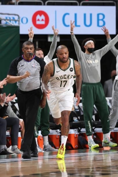 Tucker of the Milwaukee Bucks celebrates during Game 5 of the Eastern Conference Finals of the 2021 NBA Playoffs on July 1, 2021 at the Fiserv Forum...
