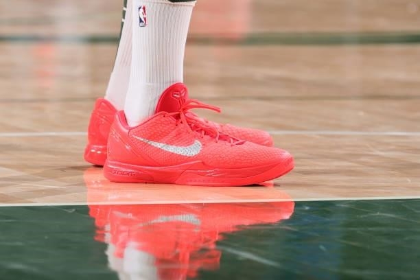 The sneakers worn by P.J. Tucker of the Milwaukee Bucks during Game 5 of the Eastern Conference Finals of the 2021 NBA Playoffs on July 1, 2021 at...