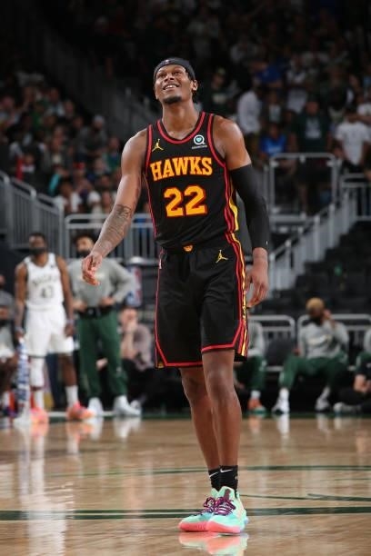 Cam Reddish of the Atlanta Hawks smiles during Game 5 of the Eastern Conference Finals of the 2021 NBA Playoffs on July 1, 2021 at the Fiserv Forum...