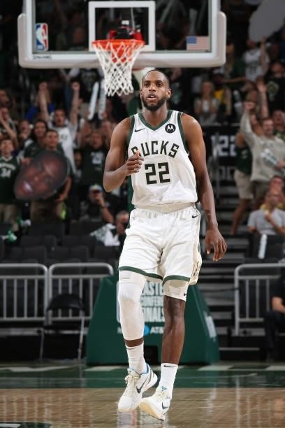 Khris Middleton of the Milwaukee Bucks looks on during Game 5 of the Eastern Conference Finals of the 2021 NBA Playoffs on July 1, 2021 at the Fiserv...