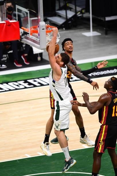 Brook Lopez of the Milwaukee Bucks dunks the ball during the game against the Atlanta Hawks during Game 5 of the Eastern Conference Finals of the...