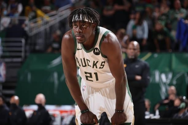 Jrue Holiday of the Milwaukee Bucks looks on during Game 5 of the Eastern Conference Finals of the 2021 NBA Playoffs on July 1, 2021 at the Fiserv...