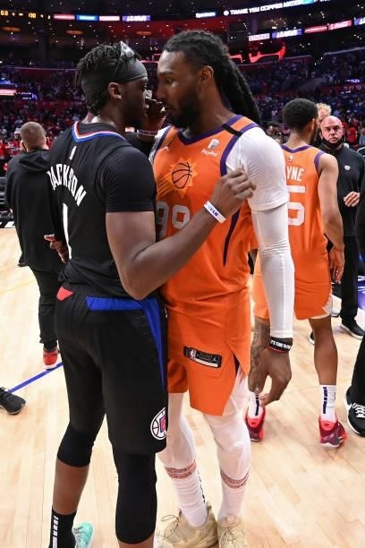 Reggie Jackson of the LA Clippers talks to Jae Crowder of the Phoenix Suns after the game during Game 6 of the Western Conference Finals of the 2021...