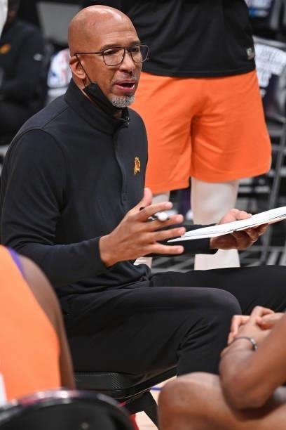 Head Coach Monty Williams of the Phoenix Suns talks to the team during the game against the LA Clippers during Game 6 of the Western Conference...