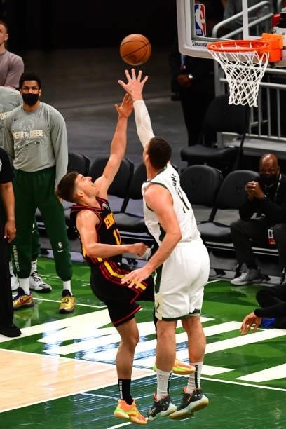 Bogdan Bogdanovic of the Atlanta Hawks shoots the ball during the game against the Milwaukee Bucks during Game 5 of the Eastern Conference Finals of...