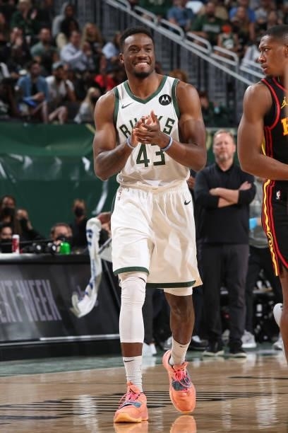 Thanasis Antetokounmpo of the Milwaukee Bucks celebrates during Game 5 of the Eastern Conference Finals of the 2021 NBA Playoffs on July 1, 2021 at...