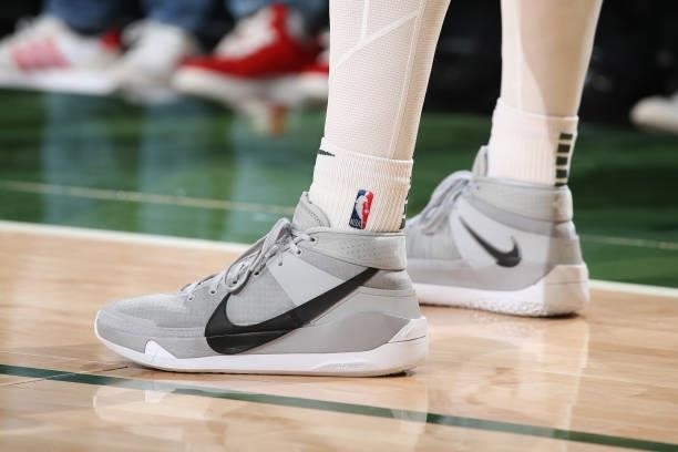 The sneakers of Pat Connaughton of the Milwaukee Bucks during Game 5 of the Eastern Conference Finals of the 2021 NBA Playoffs on July 1, 2021 at the...