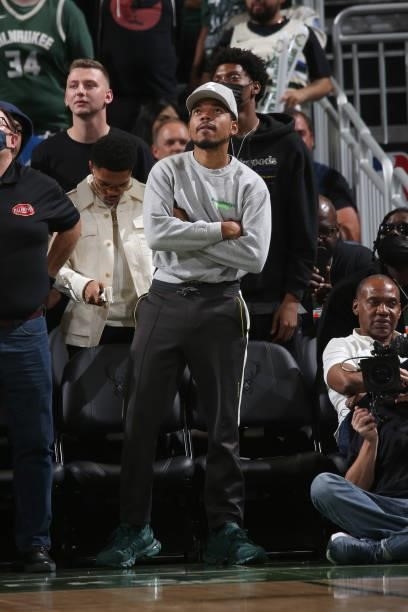 Chance the Rapper attends the game between the Atlanta Hawks and the Milwaukee Bucks during Game 5 of the Eastern Conference Finals of the 2021 NBA...