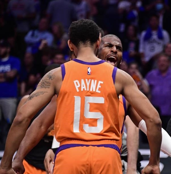 Cameron Payne of the Phoenix Suns and Chris Paul of the Phoenix Suns yell during the game against the LA Clippers during Game 6 of the Western...