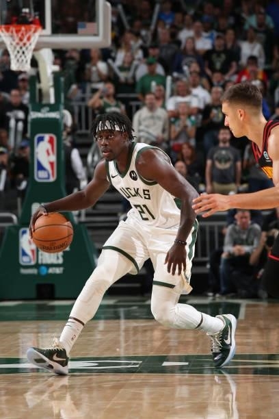 Jrue Holiday of the Milwaukee Bucks dribbles the ball during Game 5 of the Eastern Conference Finals of the 2021 NBA Playoffs on July 1, 2021 at the...