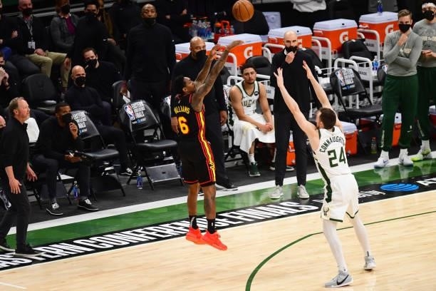 Lou Williams of the Atlanta Hawks shoots a three-pointer during the game against the Milwaukee Bucks during Game 5 of the Eastern Conference Finals...
