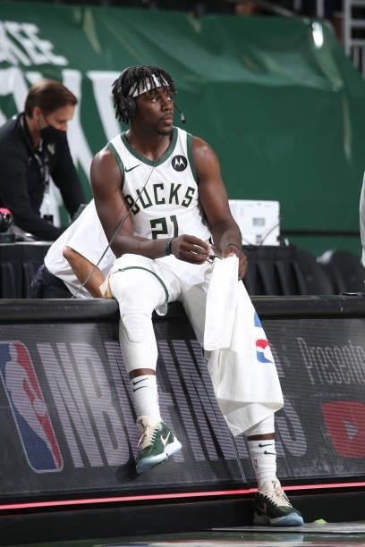 Jrue Holiday of the Milwaukee Bucks is interviewed after the game against the Atlanta Hawks during Game 5 of the Eastern Conference Finals of the...