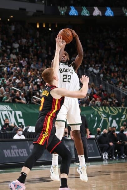 Khris Middleton of the Milwaukee Bucks shoots the ball against the Atlanta Hawks during Game 5 of the Eastern Conference Finals of the 2021 NBA...