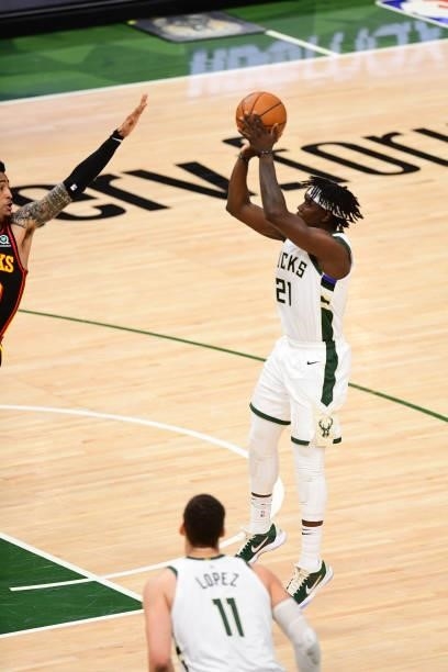Jrue Holiday of the Milwaukee Bucks shoots the ball during the game against the Atlanta Hawks during Game 5 of the Eastern Conference Finals of the...