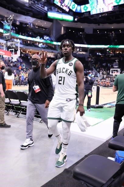 Jrue Holiday of the Milwaukee Bucks walks off the court after Game 5 of the Eastern Conference Finals of the 2021 NBA Playoffs on July 1, 2021 at the...