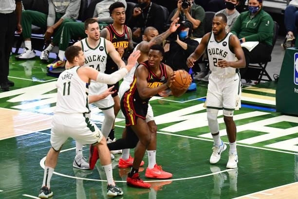 Onyeka Okongwu of the Atlanta Hawks handles the ball during the game against the Milwaukee Bucks during Game 5 of the Eastern Conference Finals of...