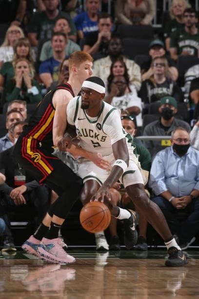Bobby Portis of the Milwaukee Bucks dribbles the ball during Game 5 of the Eastern Conference Finals of the 2021 NBA Playoffs on July 1, 2021 at the...