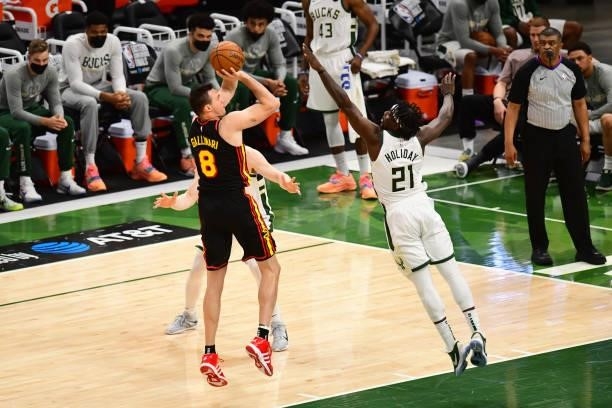 Danilo Gallinari of the Atlanta Hawks shoots the ball during the game against the Milwaukee Bucks during Game 5 of the Eastern Conference Finals of...