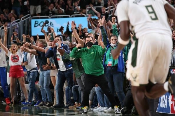 The Milwaukee Bucks cheer Bobby Portis on during Game 5 of the Eastern Conference Finals of the 2021 NBA Playoffs on July 1, 2021 at the Fiserv Forum...