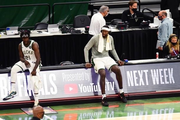 Bobby Portis of the Milwaukee Bucks is interviewed after the game against the Atlanta Hawks during Game 5 of the Eastern Conference Finals of the...
