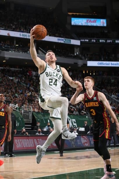Pat Connaughton of the Milwaukee Bucks shoots the ball against the Atlanta Hawks during Game 5 of the Eastern Conference Finals of the 2021 NBA...