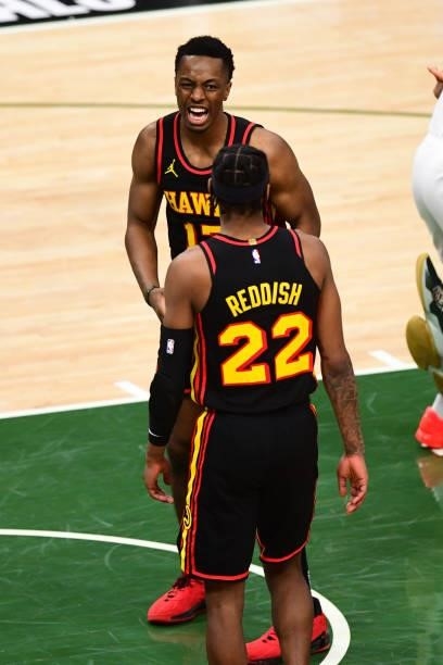 Onyeka Okongwu of the Atlanta Hawks celebrates during the game against the Milwaukee Bucks during Game 5 of the Eastern Conference Finals of the 2021...