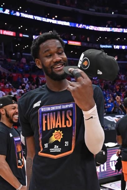 Deandre Ayton of the Phoenix Suns smiles after the game against the LA Clippers during Game 6 of the Western Conference Finals of the 2021 NBA...