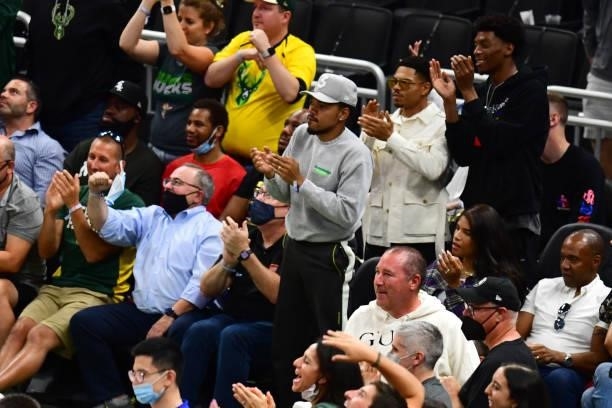 Hip hop artist Chance the Rapper attends the Milwaukee Bucks game against the Atlanta Hawks during Game 5 of the Eastern Conference Finals of the...