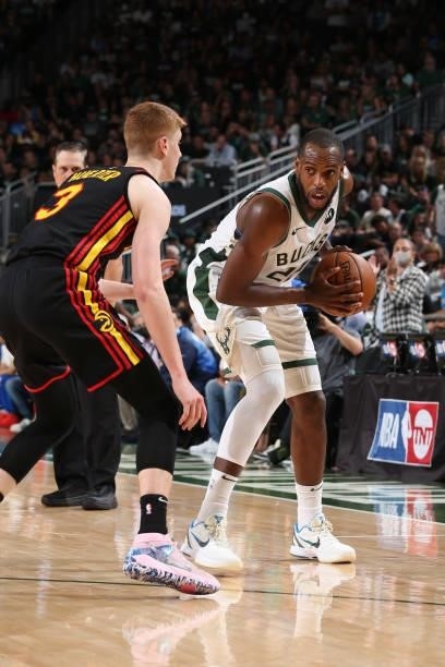 Khris Middleton of the Milwaukee Bucks handles the ball during Game 5 of the Eastern Conference Finals of the 2021 NBA Playoffs on July 1, 2021 at...
