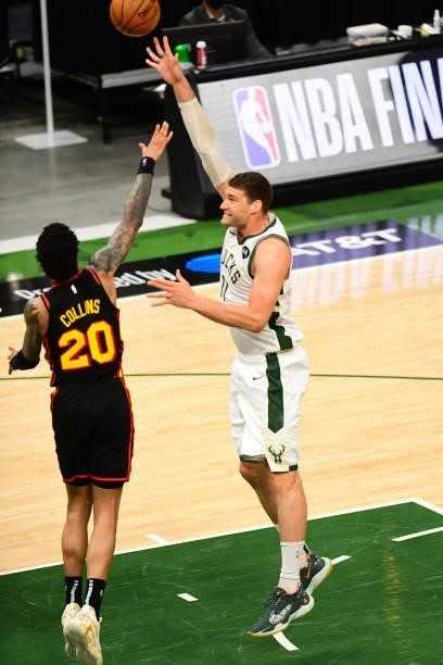 Brook Lopez of the Milwaukee Bucks shoots the ball during the game against the Atlanta Hawks during Game 5 of the Eastern Conference Finals of the...