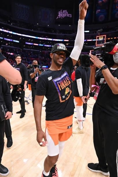 Chris Paul of the Phoenix Suns celebrates after the game against the LA Clippers during Game 6 of the Western Conference Finals of the 2021 NBA...